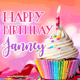 A vibrant birthday GIF featuring a rainbow-colored cupcake topped with white frosting, sprinkles, and a lit candle. The text reads 'Happy Birthday Janney' in bold pink and violet letters with white outline.