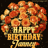 Animated bouquet of orange roses with moving butterfles and golden 'Happy Birthday Janney' text, surrounded by sparkling accents and a dark backdrop for a luxurious feel.