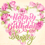 A stunning heart made of pink roses surrounds the elegant script text 'Happy Birthday Janney' on a soft beige background. Animated sparkles add a magical and festive feel.