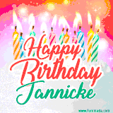 Bright birthday candles with rainbow flames on a cake, alongside the text 'Happy Birthday Jannicke' in vibrant script in this celebratory animated GIF.