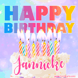A vibrant animated name GIF with the words 'Happy Birthday Jannicke' with colorful candles on a creamy cake. The background sparkles with pastel shades, adding a festive touch.
