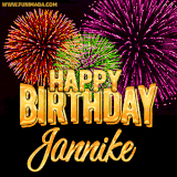 A golden 'Happy Birthday Jannike' message with vibrant fireworks in the background, creating a festive and celebratory vibe in this animated name GIF.