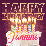 A colorful birthday cake topped with lit candles, with the words 'Happy Birthday Jannine' in bold glowing letters on a burgundy background. Animated flames add a festive touch.