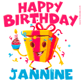 A vibrant and funny gift box character with a happy face dancing with a cupcake and the text 'Happy Birthday Jannine,' surrounded by animated confetti and party vibes.