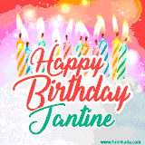 Bright birthday candles with rainbow flames on a cake, alongside the text 'Happy Birthday Jantine' in vibrant script in this celebratory animated GIF.