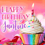 A vibrant birthday GIF featuring a rainbow-colored cupcake topped with white frosting, sprinkles, and a lit candle. The text reads 'Happy Birthday Jantine' in bold pink and violet letters with white outline.