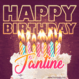 A colorful birthday cake topped with lit candles, with the words 'Happy Birthday Jantine' in bold glowing letters on a burgundy background. Animated flames add a festive touch.