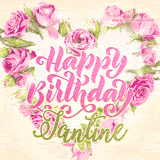 A stunning heart made of pink roses surrounds the elegant script text 'Happy Birthday Jantine' on a soft beige background. Animated sparkles add a magical and festive feel.