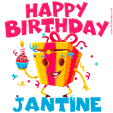 A vibrant and funny gift box character with a happy face dancing with a cupcake and the text 'Happy Birthday Jantine,' surrounded by animated confetti and party vibes.
