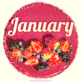 Beautifully decorated red velvet berry birthday cake with vibrant fruits and a glowing 'January' name, adding a touch of sweetness and sparkle.