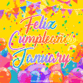 A bright and festive GIF with the text 'Feliz Cumpleaños January' in Spanish in colorful fonts, surrounded by confetti, balloons, and festive banners on a vibrant yellow background.