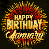 Golden 'Happy Birthday January' text accompanied by animated rainbow fireworks for a festive animated greeting.