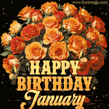 Animated bouquet of orange roses with moving butterfles and golden 'Happy Birthday January' text, surrounded by sparkling accents and a dark backdrop for a luxurious feel.