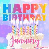 A vibrant animated name GIF with the words 'Happy Birthday January' with colorful candles on a creamy cake. The background sparkles with pastel shades, adding a festive touch.
