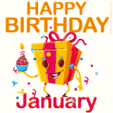 A vibrant and funny gift box character with a happy face dancing with a cupcake and the text 'Happy Birthday January,' surrounded by animated confetti and party vibes.