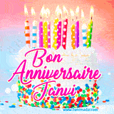 A white birthday cake covered in colorful sprinkles, topped with bright candles, and French text 'Bon Anniversaire Janvi' on a pastel gradient background in an animated GIF.