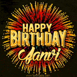 Golden 'Happy Birthday Janvi' text accompanied by animated rainbow fireworks for a festive animated greeting.