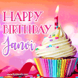 A vibrant birthday GIF featuring a rainbow-colored cupcake topped with white frosting, sprinkles, and a lit candle. The text reads 'Happy Birthday Janvi' in bold pink and violet letters with white outline.