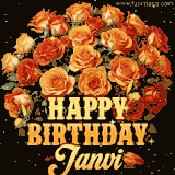 Animated bouquet of orange roses with moving butterfles and golden 'Happy Birthday Janvi' text, surrounded by sparkling accents and a dark backdrop for a luxurious feel.