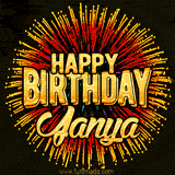 Golden 'Happy Birthday Janya' text accompanied by animated rainbow fireworks for a festive animated greeting.