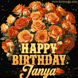 Animated bouquet of orange roses with moving butterfles and golden 'Happy Birthday Janya' text, surrounded by sparkling accents and a dark backdrop for a luxurious feel.
