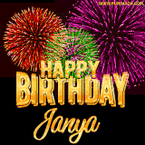 A golden 'Happy Birthday Janya' message with vibrant fireworks in the background, creating a festive and celebratory vibe in this animated name GIF.