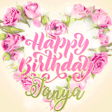 A stunning heart made of pink roses surrounds the elegant script text 'Happy Birthday Janya' on a soft beige background. Animated sparkles add a magical and festive feel.