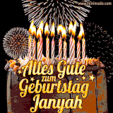 A chocolate birthday cake with glowing candles, the German text 'Alles Gute zum Geburtstag Janyah,' and vibrant fireworks lighting up the background in an animated GIF.