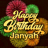 Golden text reading 'Happy Birthday Janyah' surrounded by vibrant fireworks in red, green, and yellow, set against a dark background in this celebratory birthday GIF.