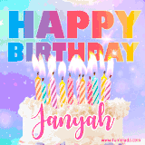 A vibrant animated name GIF with the words 'Happy Birthday Janyah' with colorful candles on a creamy cake. The background sparkles with pastel shades, adding a festive touch.
