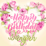 A stunning heart made of pink roses surrounds the elegant script text 'Happy Birthday Janyah' on a soft beige background. Animated sparkles add a magical and festive feel.