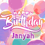 A vibrant name GIF featuring colorful balloons in shades of pink, orange, and yellow with the bold text 'Happy Birthday Janyah' in festive fonts, creating a lively birthday vibe.