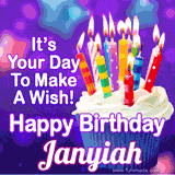 A colorful birthday GIF for Janyiah featuring a cupcake with vibrant lit candles and the text 'It's Your Day to Make a Wish! Happy Birthday Janyiah' in bold letters on a festive purple background.