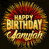 Golden 'Happy Birthday Janyiah' text accompanied by animated rainbow fireworks for a festive animated greeting.