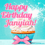 A festive cupcake with pink icing, a gingham bow, and a lit animated sparkler, paired with 'Happy Birthday Janyiah!' in bright pink text.