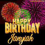 A golden 'Happy Birthday Janyiah' message with vibrant fireworks in the background, creating a festive and celebratory vibe in this animated name GIF.
