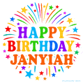 Happy Birthday Janyiah' GIF with rainbow-colored letters, colorful stars, and fireworks on white background.