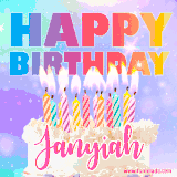 A vibrant animated name GIF with the words 'Happy Birthday Janyiah' with colorful candles on a creamy cake. The background sparkles with pastel shades, adding a festive touch.