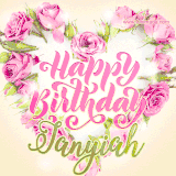 A stunning heart made of pink roses surrounds the elegant script text 'Happy Birthday Janyiah' on a soft beige background. Animated sparkles add a magical and festive feel.