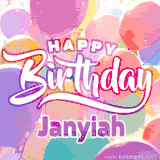 A vibrant name GIF featuring colorful balloons in shades of pink, orange, and yellow with the bold text 'Happy Birthday Janyiah' in festive fonts, creating a lively birthday vibe.