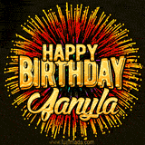 Golden 'Happy Birthday Janyla' text accompanied by animated rainbow fireworks for a festive animated greeting.