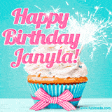 A festive cupcake with pink icing, a gingham bow, and a lit animated sparkler, paired with 'Happy Birthday Janyla!' in bright pink text.