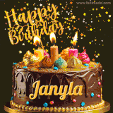 A delightful chocolate birthday cake with bright candles and 'Happy Birthday Janyla' written in gold amidst a shower of animated stars.
