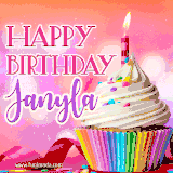 A vibrant birthday GIF featuring a rainbow-colored cupcake topped with white frosting, sprinkles, and a lit candle. The text reads 'Happy Birthday Janyla' in bold pink and violet letters with white outline.