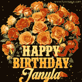 Animated bouquet of orange roses with moving butterfles and golden 'Happy Birthday Janyla' text, surrounded by sparkling accents and a dark backdrop for a luxurious feel.