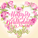 A stunning heart made of pink roses surrounds the elegant script text 'Happy Birthday Janyla' on a soft beige background. Animated sparkles add a magical and festive feel.