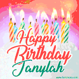 Bright birthday candles with rainbow flames on a cake, alongside the text 'Happy Birthday Janylah' in vibrant script in this celebratory animated GIF.