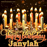 A glowing personalized birthday GIF with name Janylah featuring lit candles with intricate designs, warm lighting, and the text 'Happy Birthday' in an elegant font.