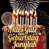 A chocolate birthday cake with glowing candles, the German text 'Alles Gute zum Geburtstag Janylah,' and vibrant fireworks lighting up the background in an animated GIF.