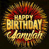 Golden 'Happy Birthday Janylah' text accompanied by animated rainbow fireworks for a festive animated greeting.